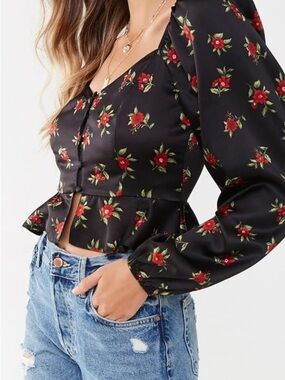 Forever 21 Satin Red Rose Whimsigoth Milkmaid Crop Top Small